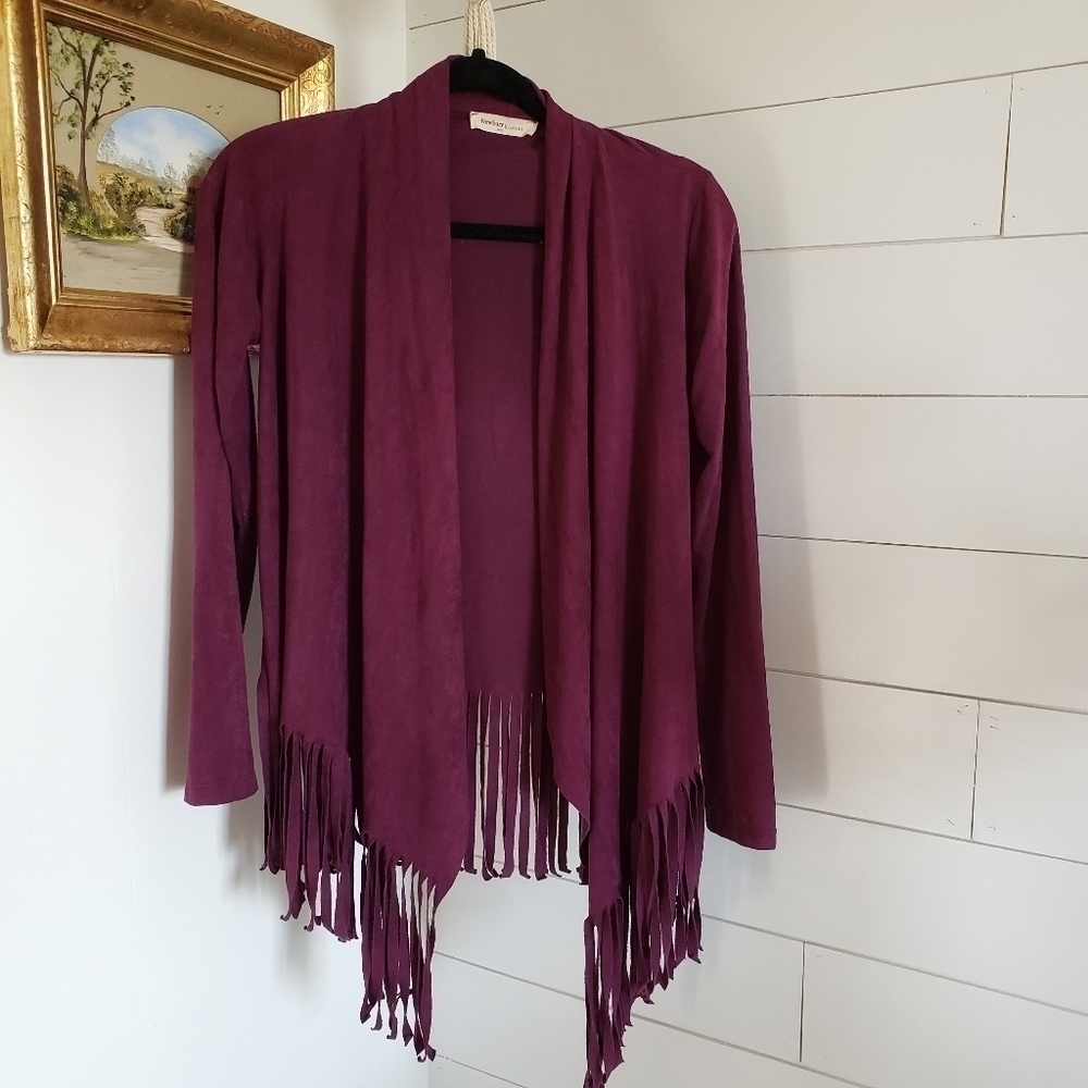 Newbury Kustom plum boho open front fringe cardigan